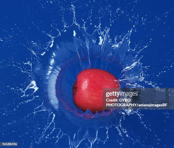 apple hitting water - apple water splashing stock pictures, royalty-free photos & images