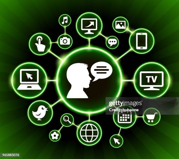 man & chatbubble internet communication technology dark buttons background - hand on computer mouse stock illustrations