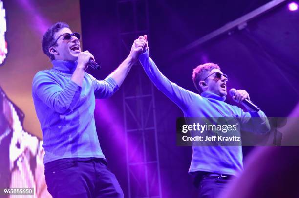 Andy Samberg and Jorma Taccone of The Lonely Island performs on the Colossal Stage during Clusterfest at Civic Center Plaza and The Bill Graham Civic...