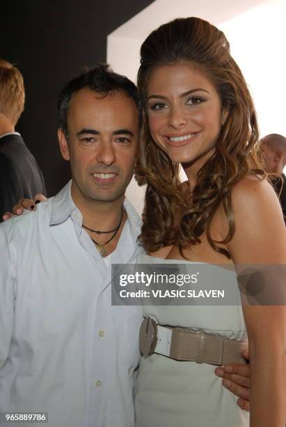 Designer Francisco Costa and actress Maria Menounos backstage at the Calvin Klein Spring 2007 Fashion Show during Olympus Fashion Week, held at...