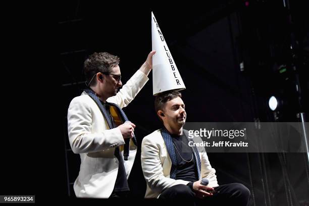 Akiva Schaffer and Jorma Taccone of The Lonely Island perform on the Colossal Stage during Clusterfest at Civic Center Plaza and The Bill Graham...