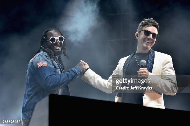 Pain and Jorma Taccone of The Lonely Island perform on the Colossal Stage during Clusterfest at Civic Center Plaza and The Bill Graham Civic...