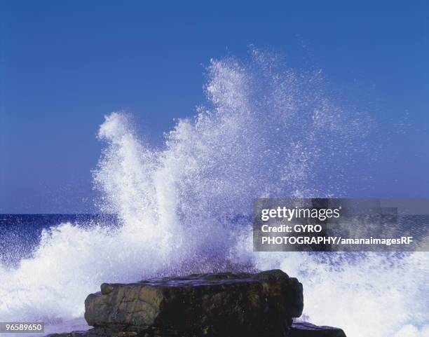 waves crashing against rock, fukuoka prefecture, kyushu, japan - genkai sea stock pictures, royalty-free photos & images