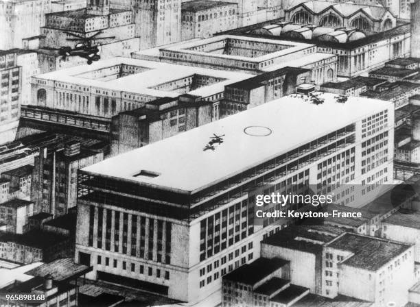 Vue du projet de piste d'atterrissage pour autogyres sur le toit de la poste de New York City, Etats-Unis le 18 juin 1935.