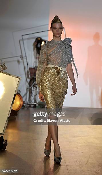 Model walks the runway at the Toni Maticevski Fall 2010 Fashion Show during Mercedes-Benz Fashion Week at the Altman Building on February 11, 2010 in...