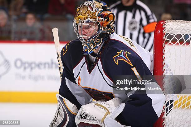 Goaltender Johan Hedberg of the Atlanta Thrashers stands ready against the Colorado Avalanche at the Pepsi Center on February 10, 2010 in Denver,...