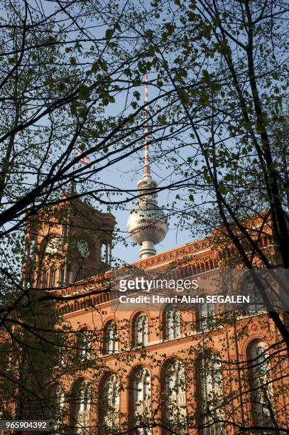 La tour de television - fernsehturm - surnommee la grande asperge derriere l hotel de ville rouge - rotes rathaus - dans le quartier mitte de berlin...