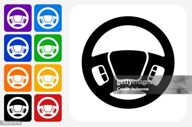 steering wheel icon square button set - steering wheel stock illustrations