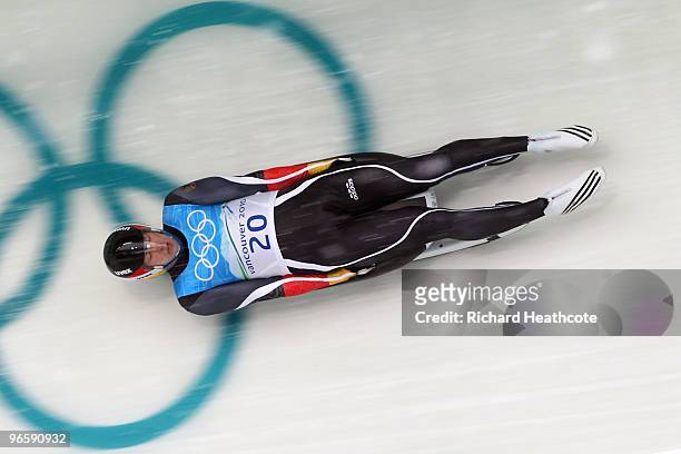 David Moeller of Germany practices during the Men's Singles Luge training run at the Whistler Sliding Centre ahead of the Vancouver 2010 Winter...