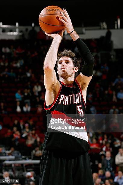 Rudy Fernandez of the Portland Trail Blazers shoots a free throw during the game against the Houston Rockets on January 29, 2010 at the Toyota Center...