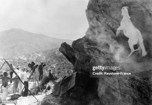 Un cheval blanc sur des rôchers pendant le tournage d'un film à Hollywood, Californie, Etats-Unis, le 30 décembre 1932.