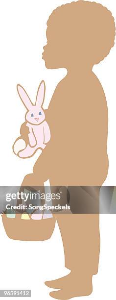 easter silhouette: boy with bunny rabbit - easter basket stock illustrations