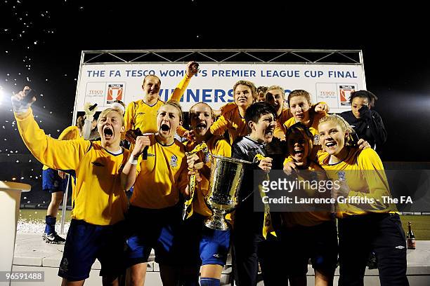 Leeds Carnegie celebrate with the trophy after the Tesco Womens Premier League Cup Final between Everton and Leeds Carnegie at Spotland Stadium on...