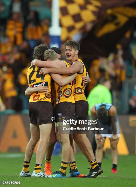 Daniel Howe of the Hawks and Ben Stratton of the Hawks celebrate at the final siren during the round 11 AFL match between the Hawthorn Hawks and the...