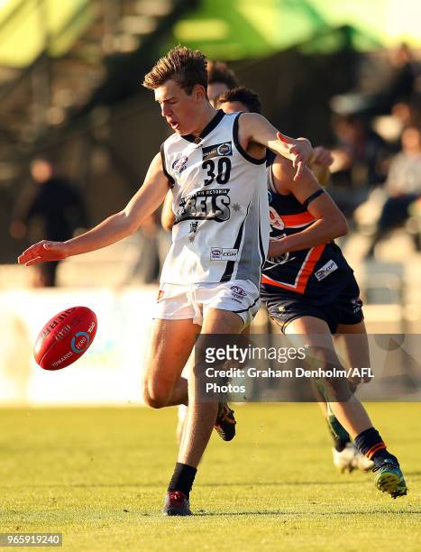 Isaac Wareham of the Rebels in action during the round eight TAC Cup match between the Calder Cannons and Greater Western Victoria Rebels at RAMS...