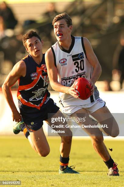Isaac Wareham of the Rebels in action during the round eight TAC Cup match between the Calder Cannons and Greater Western Victoria Rebels at RAMS...