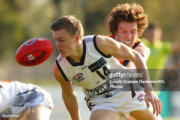 Jed Hill of the Rebels in action during the round eight TAC Cup match between the Calder Cannons and Greater Western Victoria Rebels at RAMS Arena on...