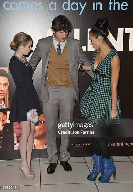 Emma Roberts, Ashton Kutcher and Jessica Alba attend the European Premiere of 'Valentine's Day' at Odeon Leicester Square on February 11, 2010 in...