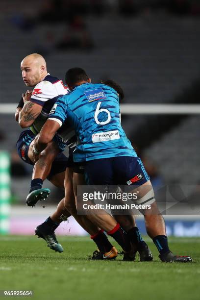 Billy Meakes of the Rebels charges forward during the round 16 Super Rugby match between the Blues and the Rebels at Eden Park on June 2, 2018 in...