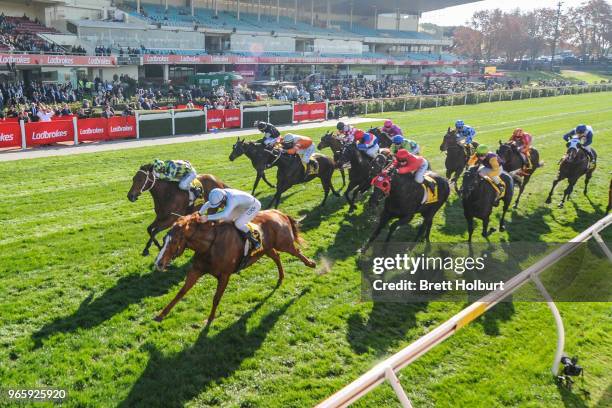 Balancing Act ridden by Luke Currie wins the Dominant MVRC Partnership Handicap at Moonee Valley Racecourse on June 02, 2018 in Moonee Ponds,...