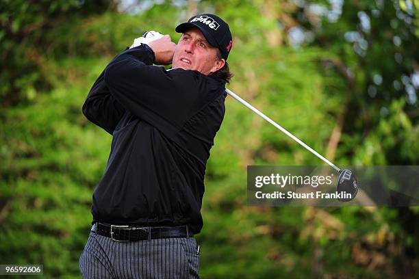 Phil Mickelson plays a shot during round one of the AT&T Pebble Beach National Pro-Am at Monterey Peninsula Country Club Shore Course on February 11,...