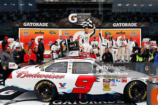 Kasey Kahne, driver of the Budweiser Ford, celebrates in victory lane after winning the second NASCAR Sprint Cup Series Gatorade Duel at Daytona...