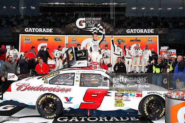 Kasey Kahne, driver of the Budweiser Ford, celebrates in victory lane after winning the second NASCAR Sprint Cup Series Gatorade Duel at Daytona...