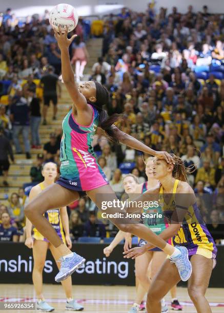 Mwai Kumwenda of the Vixens grabs the ball during the round six Super Netball match between the Lightning and the Vixens at University of the...