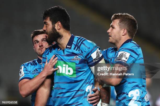 Akira Ioane of the Blues reacts after losing the round 16 Super Rugby match between the Blues and the Rebels at Eden Park on June 2, 2018 in...