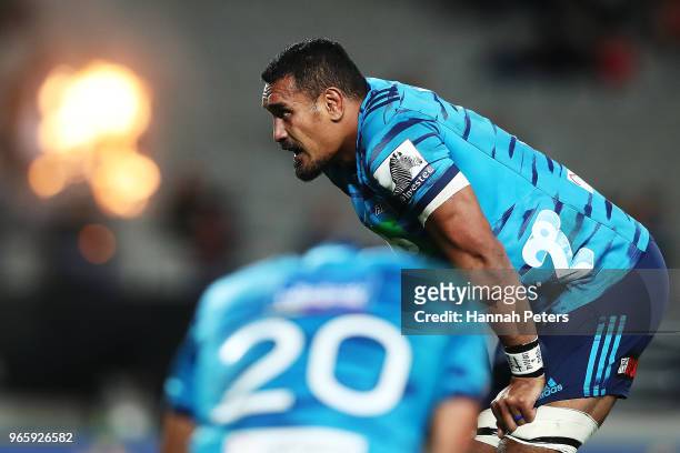 Jerome Kaino of the Blues looks on after losing the round 16 Super Rugby match between the Blues and the Rebels at Eden Park on June 2, 2018 in...