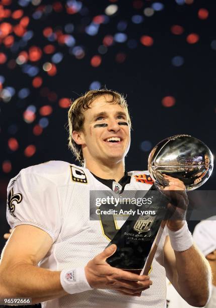 Quarterback Drew Brees of the New Orleans Saints celebrates after his team defeated the Indianapolis Colts during Super Bowl XLIV on February 7, 2010...