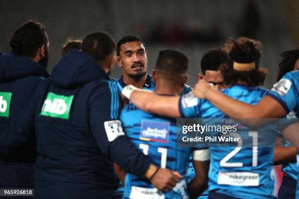 Jerome Kaino of the Blues speaks to the team following the round 16 Super Rugby match between the Blues and the Rebels at Eden Park on June 2, 2018...