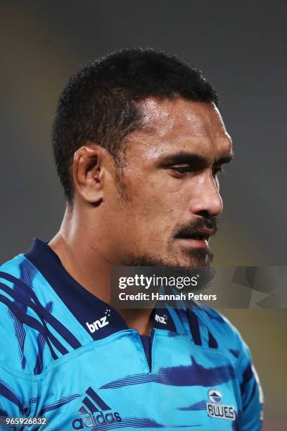 Jerome Kaino of the Blues looks on after losing the round 16 Super Rugby match between the Blues and the Rebels at Eden Park on June 2, 2018 in...