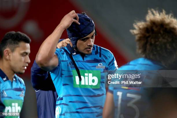 Gerard Cowley-Tuioti of the Blues looks dejected following the round 16 Super Rugby match between the Blues and the Rebels at Eden Park on June 2,...