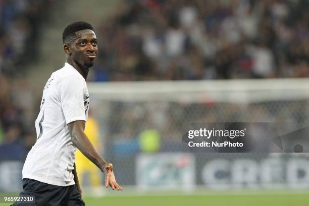 Ousmane Dembl celebrates after scoring during the friendly football match between France and Italy at Allianz Riviera stadium on June 01, 2018 in...