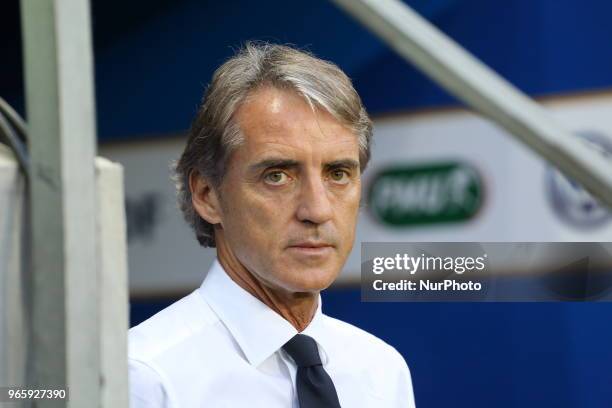 Roberto Mancini, head coach of Italy National Team, before the friendly football match between France and Italy at Allianz Riviera stadium on June...