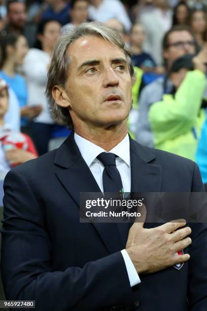 Roberto Mancini, head coach of Italy National Team, before the friendly football match between France and Italy at Allianz Riviera stadium on June...