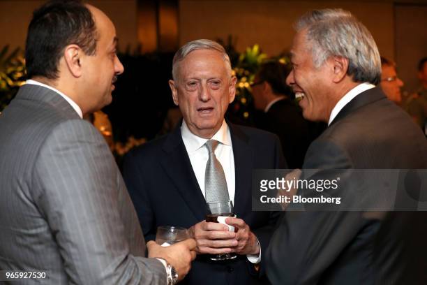 James Mattis, US secretary of defense, center, speaks with Khalid Bin Mohamed Al-Attiyah, Qatars deputy prime minister and defense minister, left,...
