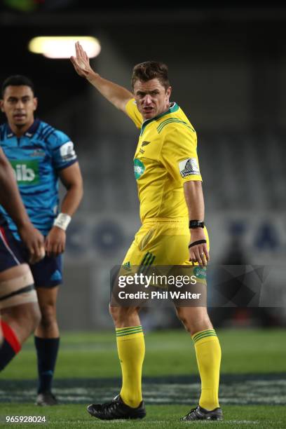 Referee Nick Briant during the round 16 Super Rugby match between the Blues and the Rebels at Eden Park on June 2, 2018 in Auckland, New Zealand.