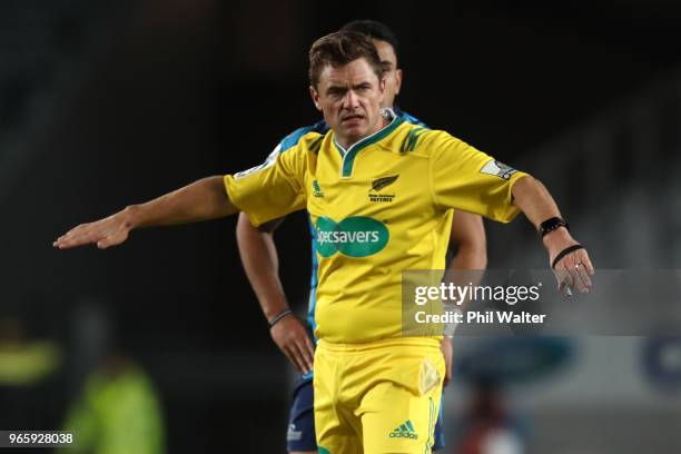 Referee Nick Briant during the round 16 Super Rugby match between the Blues and the Rebels at Eden Park on June 2, 2018 in Auckland, New Zealand.