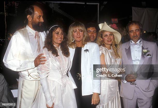 Mick Fleetwood and bride with Christine McVie, Stevie Nicks and John McVie of Fleetwood Mac at Mick's wedding