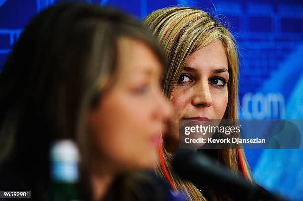 Katie Uhlaender and Noelle Pikus-Pace of United States attend the United States Olympic Committee Skeleton Team Press Conference at the Main Press...