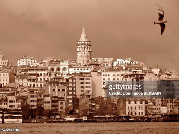 Istanbul, Turkey Galata Tower built by genoese in 1348, this 36m high tower is topped by conical roof. It originaly served as a fire watchtower. The...