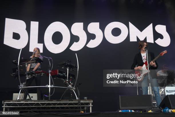 British indie pop band Blossoms perform live on stage at APE Presents festival at Victoria Park, London on June 1, 2018. The band consists of Tom...