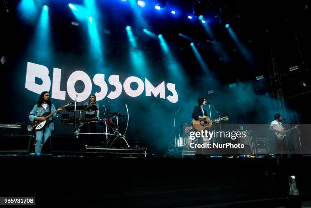 British indie pop band Blossoms perform live on stage at APE Presents festival at Victoria Park, London on June 1, 2018. The band consists of Tom...