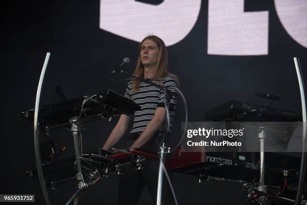 British indie pop band Blossoms perform live on stage at APE Presents festival at Victoria Park, London on June 1, 2018. The band consists of Tom...