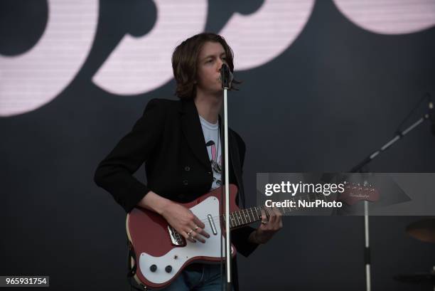 British indie pop band Blossoms perform live on stage at APE Presents festival at Victoria Park, London on June 1, 2018. The band consists of Tom...