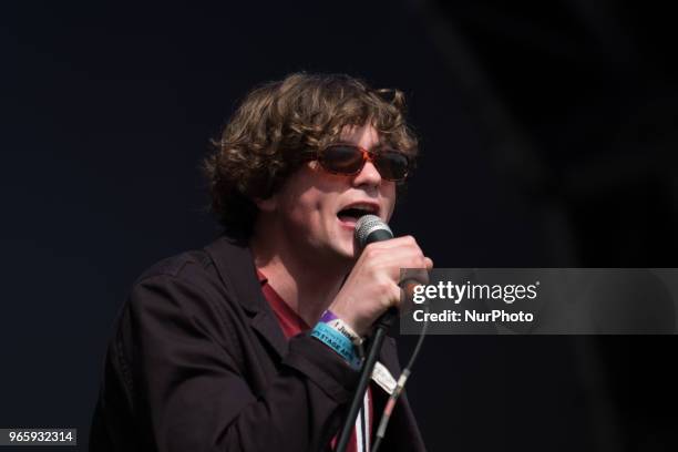 Scottish Indie rock band Neon Waltz performs on stage at APE Presents festival at Victoria Park, London on June 1, 2018.