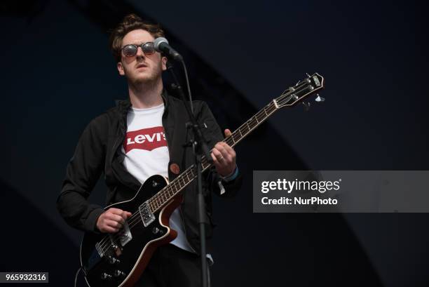 Scottish Indie rock band Neon Waltz performs on stage at APE Presents festival at Victoria Park, London on June 1, 2018.