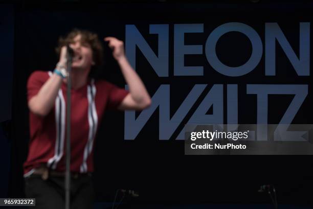 Scottish Indie rock band Neon Waltz performs on stage at APE Presents festival at Victoria Park, London on June 1, 2018.
